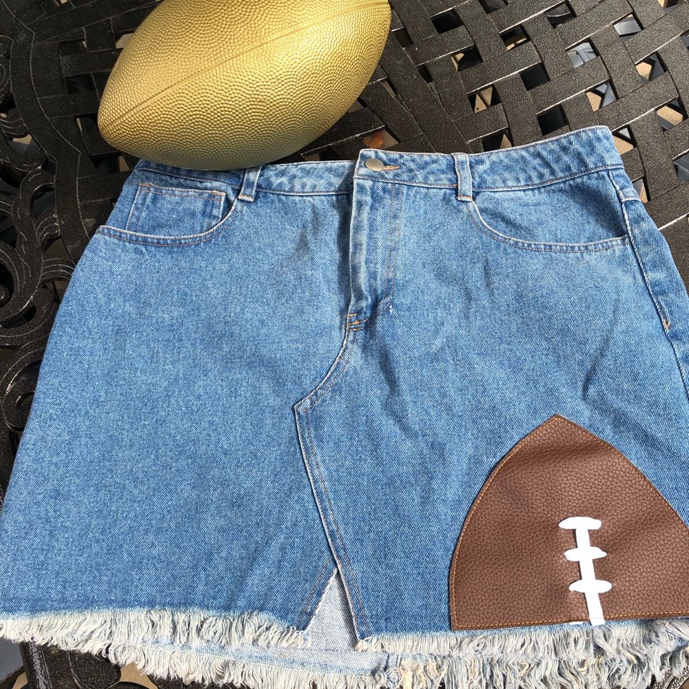 Woman’s Denim Mini Skirt with Brown Football 🏈 Patch - Picture 5 of 10